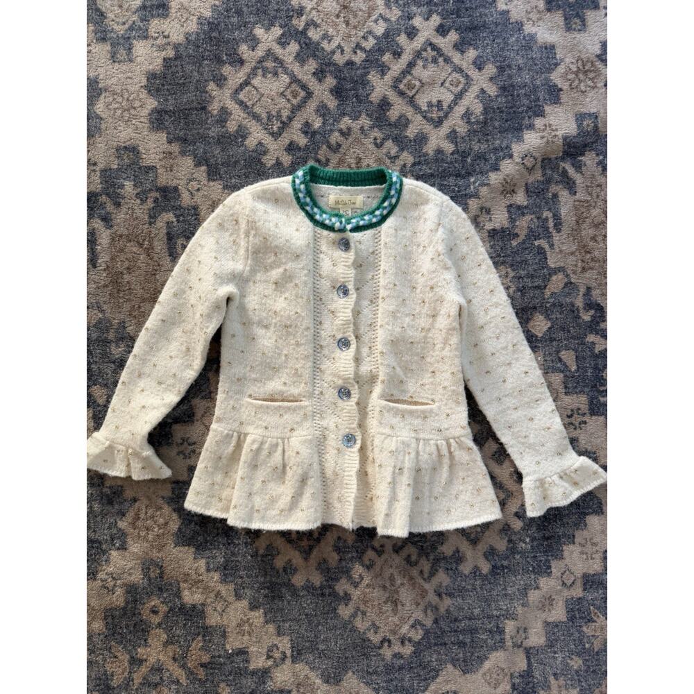Matilda Jane Girls Size 4 Cream Gold Dot Peplum Cardigan Sweater Ruffle Hem